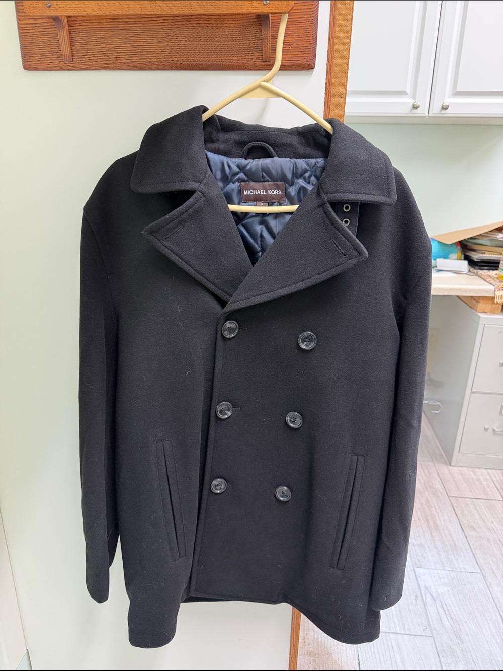 Michael Kors Black Double-Breasted Wool Peacoat